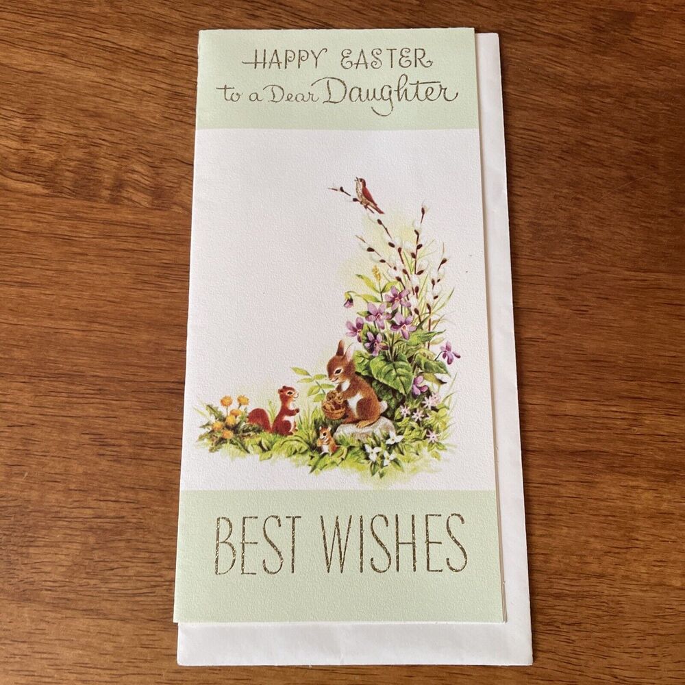 Vtg Stanley Easter Greeting Card Daughter Gold Glitter Flowers Spring Animals